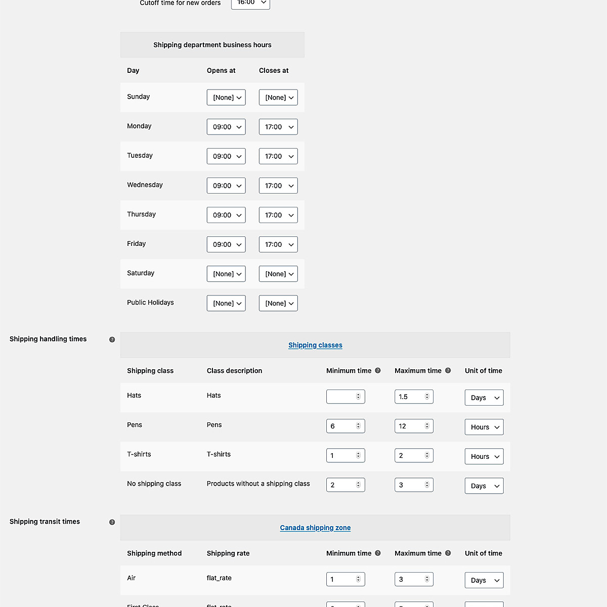 Settings page for the WPSSO Shipping Delivery Time for WooCommerce add-on.