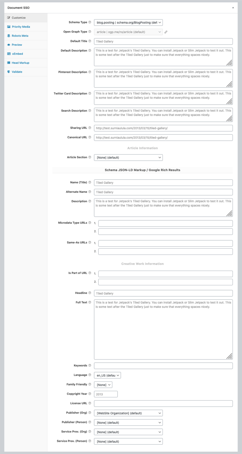 An example WPSSO Document SSO metabox Customize tab.