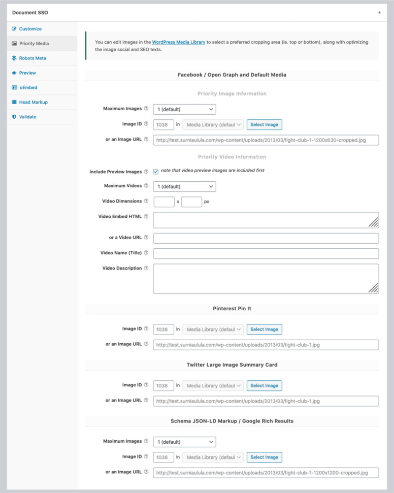 An example WPSSO Document SSO metabox Priority Media tab.