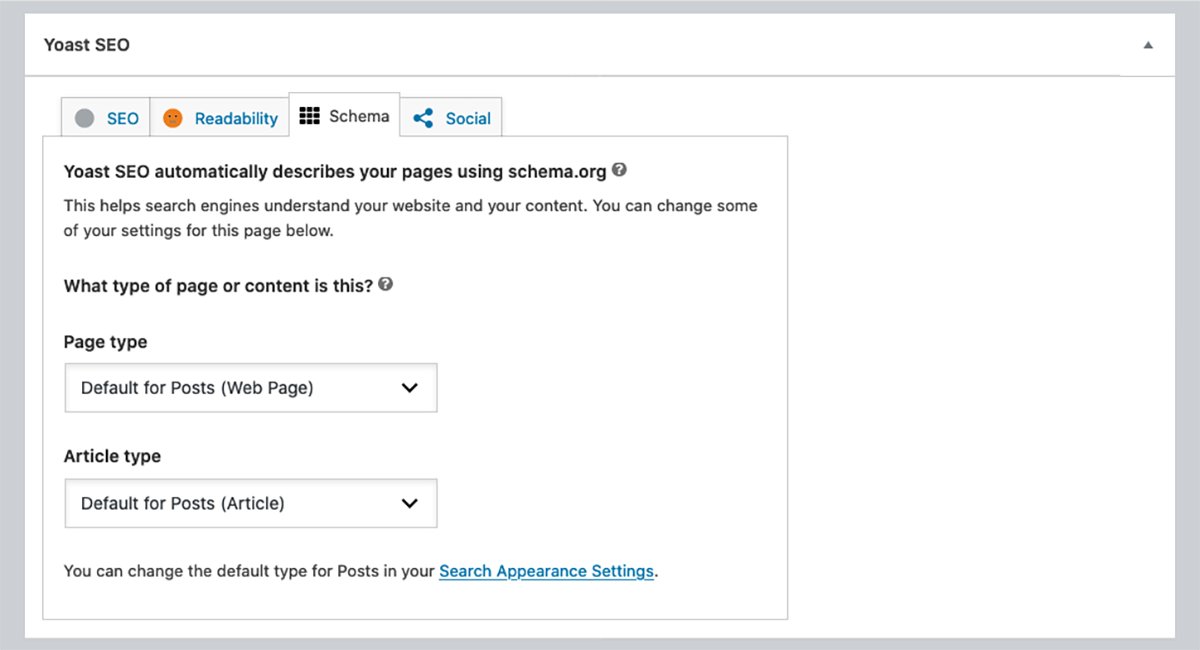 An example Yoast SEO metabox Schema tab.